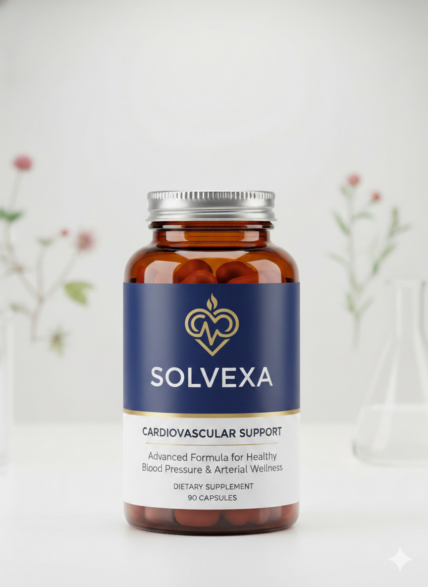 Solvexa food supplement bottle and capsules on a neutral surface